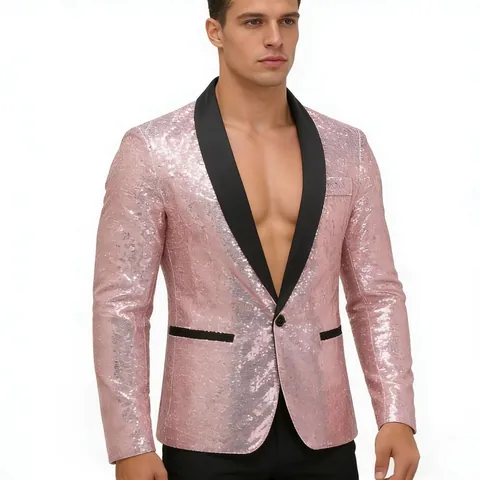 Heren Glanzende Pailletten Blazer Casual Contrast Sjaalkraag Slim Fit Eén Knoop Pak Jas Voor Feest Banket Podium Bruiloft