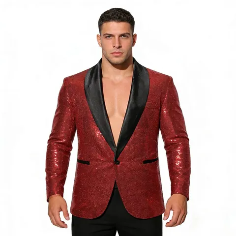 Men's Shiny Sequin Blazer Jacket Glitter Party Stage Performance Suit Jacket Color Block Lapel One Button Slim Fit Coat