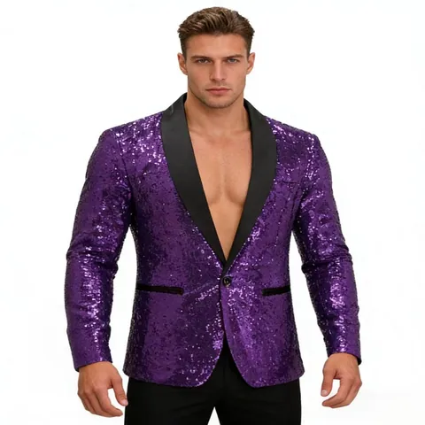 Heren Glanzende Pailletten Blazer Casual Contrast Sjaalkraag Slim Fit Eén Knoop Pak Jas Voor Feest Banket Podium Bruiloft