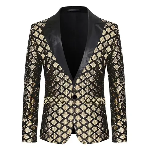 Heren Peak Lapel Pailletten Blazer Ruitpatroon Glanzend Slim Fit Jasje Voor Podium Optreden Feest Banket Bruiloft Hosting