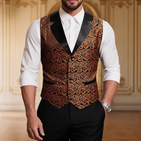 Men Paisley Jacquard Suit Vest Slim Fit Formal Waistcoat For Wedding Party Banquet Western Restaurant Hotel Workwear Top