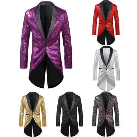 Men Sequin Tailcoat Jacket One Button Shiny Tuxedo For Stage Performance Party Wedding Costume Outerwear Blazer Top
