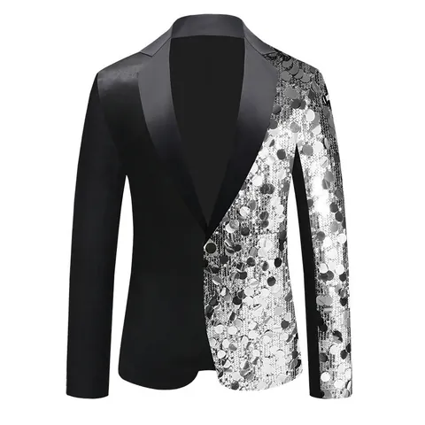 Heren Asymmetrische Pailletten Blazer Jas Slim Fit Polyester Glinsterende Performance Tuxedo Pak Top Voor Podium Banket Feest