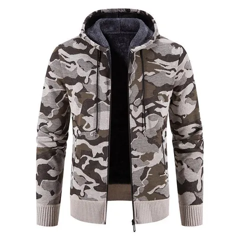 Men Camouflage Hooded Knit Jacket Fleece Lined Zip Up Cardigan Jacket Casual Korean Fashion Warm Linen Blend Top Coat