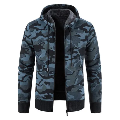Men Camouflage Hooded Knit Jacket Fleece Lined Zip Up Cardigan Jacket Casual Korean Fashion Warm Linen Blend Top Coat