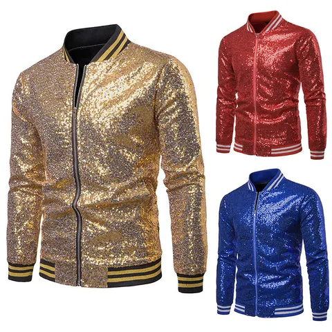 Men's Sparkly Sequin Bomber Jacket Shiny Stand Collar Zipper Blazer For Stage Performance Nightclub Host Party Costume Outfit