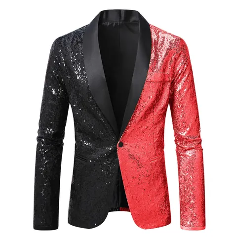 Heren Pailletten Blazer Podiumoptreden Contrast Kleur Stiksels Sjaalkraag Enrijig Jasje Voor Feest Banket