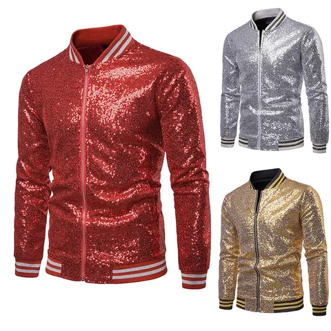Men's Sparkly Sequin Bomber Jacket Shiny Stand Collar Zipper Blazer For Stage Performance Nightclub Host Party Costume Outfit