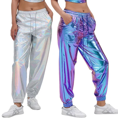 Women's Metallic High Waist Joggers Holographic Shiny Loose Sweatpants Streetwear Hip Hop Performance Trousers