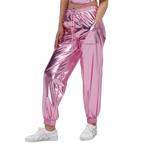 Women's Metallic High Waist Joggers Holographic Shiny Loose Sweatpants Streetwear Hip Hop Performance Trousers