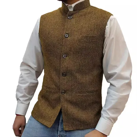 Men Herringbone Vest Slim Fit Stand Collar Formal Suit Waistcoat Retro Business Casual Sleeveless Top For Wedding Party