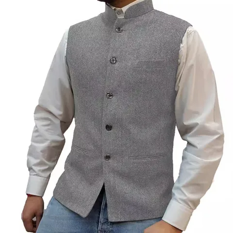 Men Herringbone Vest Slim Fit Stand Collar Formal Suit Waistcoat Retro Business Casual Sleeveless Top For Wedding Party