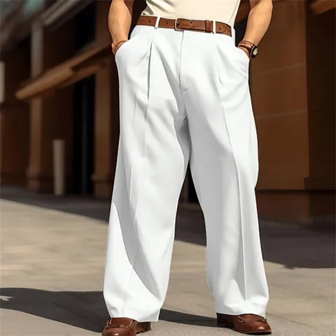 Pantaloni da Uomo Casual a Gamba Larga Dritti con Pieghe Anteriori Streetwear Moda Tinta Unita in Poliestere