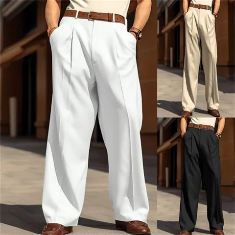 Pantaloni da Uomo Casual a Gamba Larga Dritti con Pieghe Anteriori Streetwear Moda Tinta Unita in Poliestere