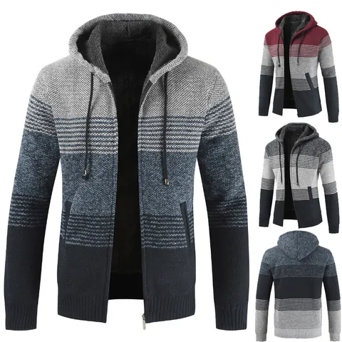 Men's Autumn Winter Thick Fleece Lined Hooded Cardigan Sweater Color Block Knitted Zip-Up Jacket Outwear For Men