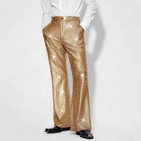 Men Performance Sequin Grid Pants Polyester Shiny Stage Party Banquet Trousers Mid-Waist Western Fashion Luxury Show Bottom