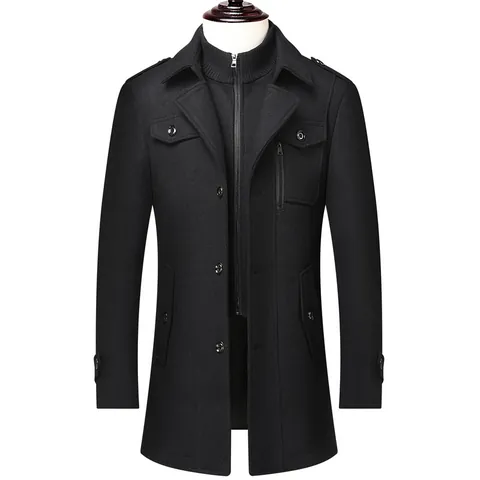 Cappotto da Uomo in Misto Lana Business Casual Invernale Doppio Colletto Media Lunghezza Slim Fit Caldo Moda Top