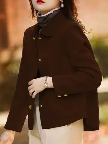 Cappotto di Lana Minimalista Casual da Donna Giacca Corta a Revers Monopetto Tinta Unita Autunno Inverno Capispalla in Poliestere