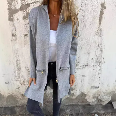 Women Casual Solid Color Zipper Hooded Jacket Coat Long Sleeve Mid Length Polyester Spliced Outwear For Autumn Winter