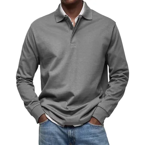 Men's Casual Long Sleeve Polo Shirt Button Lapel Slim Fit Polyester Top Breathable Business Leisure Polo For Daily Office