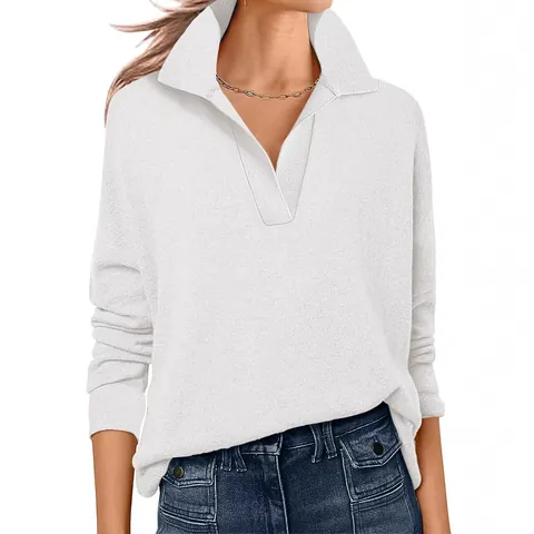 Women V Neck Polo Shirt Long Sleeve Loose Fit Casual T-Shirt Polyester Patchwork Top Solid Color Autumn Fashion Clothing