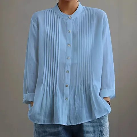 Camicia Casual da Donna a Manica Lunga con Pieghe Comoda Camicetta a Tinta Unita con Bottoni Vestibilità Regolare per Tutti i Giorni
