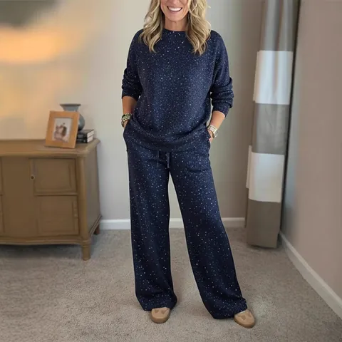 Women's Christmas Two Piece Top And Bottom Long Sleeve Round Neck Sweatshirt Drawstring Casual Wide Leg Pants Sparkly Festive Lounge Wear Outfit