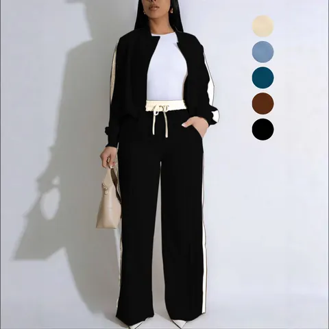 Ensemble de Pantalons Décontractés pour Femmes en Polyester Veste Zippée à Manches Longues et Pantalon Large Top And Bottom