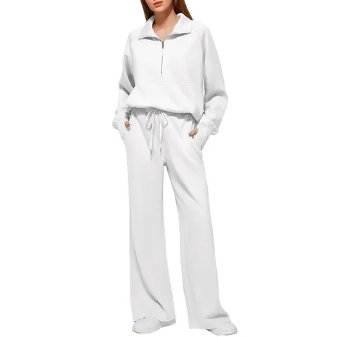 Women Casual Polyester Sweatshirt And Wide Leg Pants Set Solid Color Half Zip Long Sleeve Top And Bottom Lounge Suit