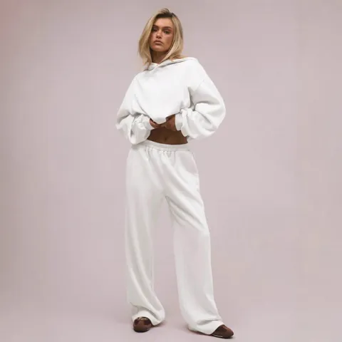 Women Casual Polyester Spandex Hoodie And Pants Set Solid Color Long Sleeve Loose Sporty Two Piece Outfit For Autumn Winter