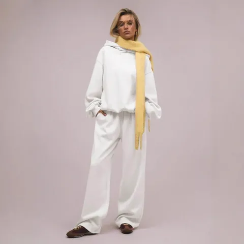 Women Casual Polyester Spandex Hoodie And Pants Set Solid Color Long Sleeve Loose Sporty Two Piece Outfit For Autumn Winter