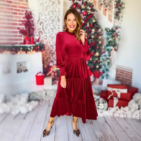 Women Christmas Velvet Tiered Maxi Dress Plus Size V-Neck Ruffle Big Swing Long Sleeve Elegant Autumn Winter Party Gown