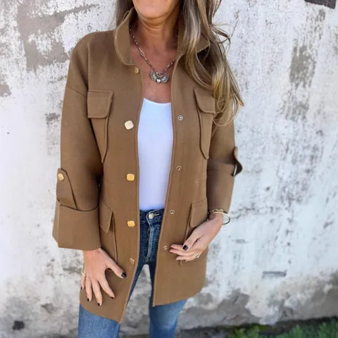 Women Fashion Stand Collar Nine-Quarter Sleeve Jacket Multi-Pocket Double-Sided Texture Coat Casual Commute Outerwear