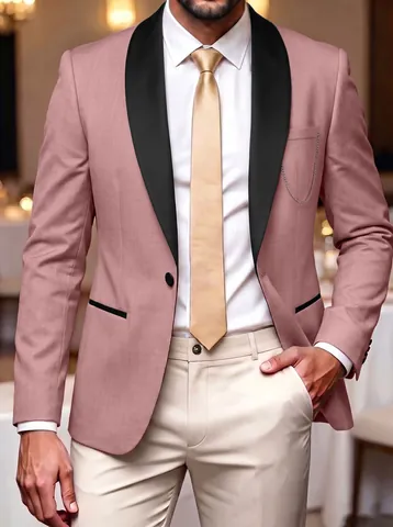 Men Slim Fit Pink Blazer Black Shawl Lapel One-Button Business Wedding Groom Suit Jacket Silver Pocket Chain Formal Wear