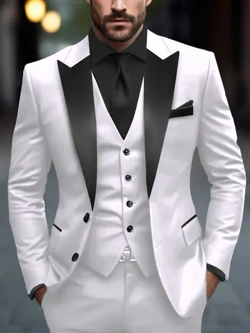 Men's Slim Fit Two Piece Suit Set White Wedding Tuxedo With Black Peak Lapel Business Casual Blazer And Pants