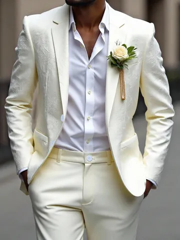 Men Business Suit Set Dark Jacquard Floral Pattern Slim Fit Notch Lapel One Button Blazer And Pants For Wedding Banquet