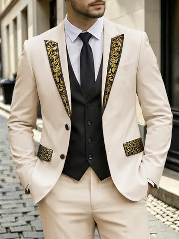 Men Gold Bronzing Floral Print Top And Bottom Slim Fit Formal Tuxedo Blazer And Pants For Banquet Wedding Party Dress