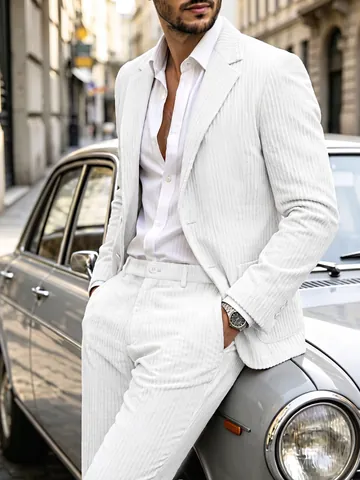 Men White Striped Suit Set Notch Lapel Slim Fit Light Business Gentleman Blazer And Pants For Wedding Banquet Party Formal Clothing
