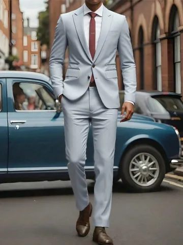 Men Silver Slim Fit Business Suit Set Top And Bottom Metallic Polyester Tuxedo Jacket And Pants For Wedding Banquet Party