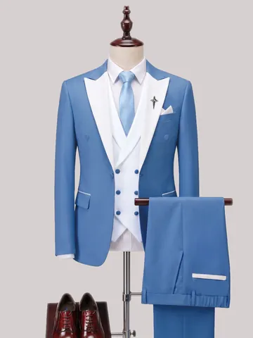 Conjunto de Traje de Tres Piezas Azul Claro para Hombre Con Solapa de Pico Blanca Sencillo Negocios Banquete Formal Chaqueta Chaleco Pantalones