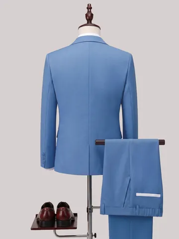 Conjunto de Traje de Tres Piezas Azul Claro para Hombre Con Solapa de Pico Blanca Sencillo Negocios Banquete Formal Chaqueta Chaleco Pantalones