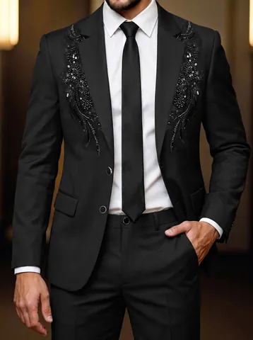 Men Sequin Embroidered Suit Jacket And Pants Top And Bottom Slim Fit Tuxedo For Banquet Wedding Party Gentlemen Formal Wear
