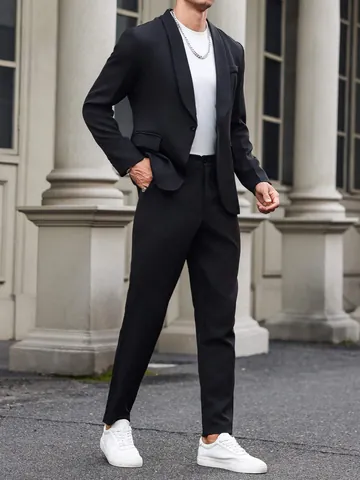 Men Business Suit Top And Bottom Solid Polyester Slim Fit Blazer Pants For Wedding Banquet Formal Office Wear Black Blazer
