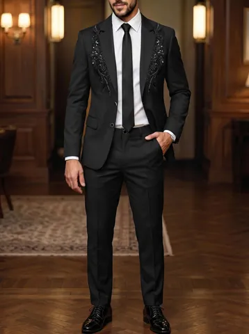 Men Sequin Embroidered Suit Jacket And Pants Top And Bottom Slim Fit Tuxedo For Banquet Wedding Party Gentlemen Formal Wear