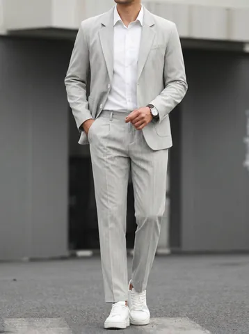 Men's Business Notch Lapel Suit Set Slim Fit Solid Color Two-Piece Jacket Trousers For Banquet Office Wedding Groom Suit