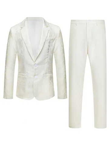 Men Business Suit Set Dark Jacquard Floral Pattern Slim Fit Notch Lapel One Button Blazer And Pants For Wedding Banquet