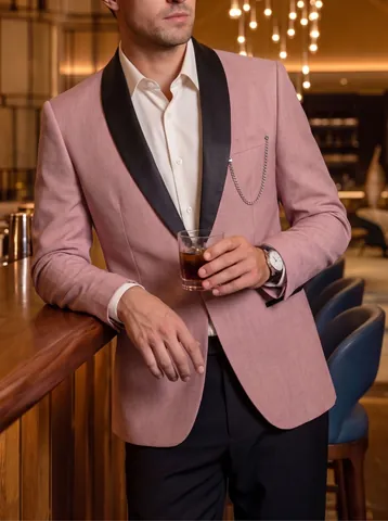Men Slim Fit Pink Blazer Black Shawl Lapel One-Button Business Wedding Groom Suit Jacket Silver Pocket Chain Formal Wear