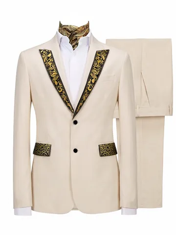 Men Gold Bronzing Floral Print Top And Bottom Slim Fit Formal Tuxedo Blazer And Pants For Banquet Wedding Party Dress