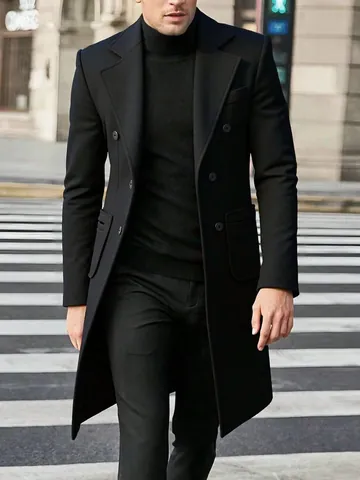 Men's Double Breasted Notched Lapel Wool-Look Overcoat Regular Fit Mid-Length Polyester Trench Coat For Autumn Winter