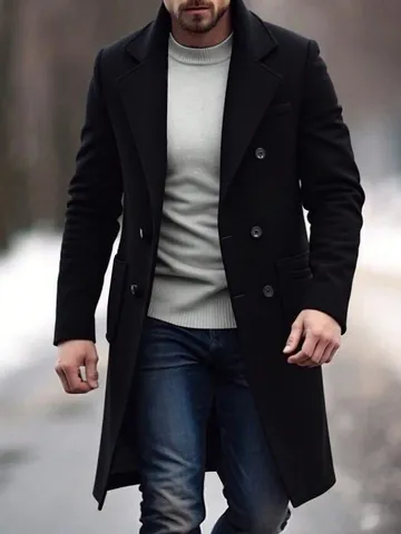 Men's Double Breasted Notched Lapel Wool-Look Overcoat Regular Fit Mid-Length Polyester Trench Coat For Autumn Winter